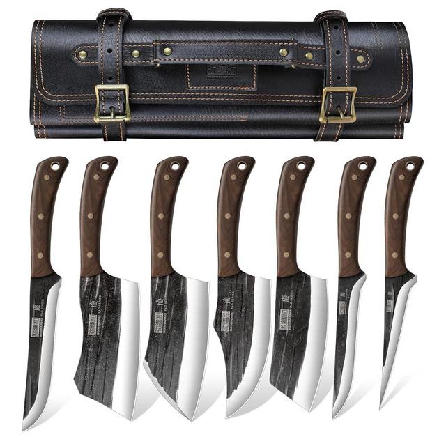 HOSHANHO Butcher Knife Set, Hand Forged Butcher Chef Knife Set with Roll Bag, Sharp Meat Cleaver Knife & Bone Chopper Knives & Fillet Knives for Home & Camping & BBQ Gift for Men