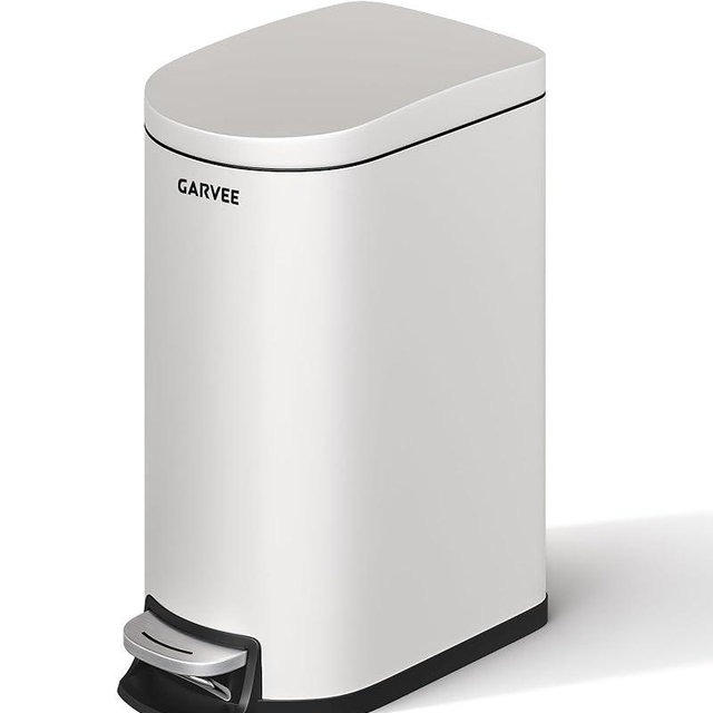 Garvee 2.6 Gallon / 10L Metal Bathroom Trash Can with Lid, Slim Step-On Bin with Soft-Close, Removable Inner Bucket & Rear Handle, Waterproof, White