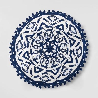 Embroidered Medallion Round Throw Pillow White/Blue - Opalhouse™