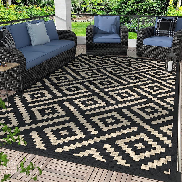 GENIMO Outdoor Rug for Patio Clearance,6'x9' Waterproof Mat,Reversible Plastic Camping Rugs,Rv,Deck,Porch,Camper,Balcony,Backyard (Black & Beige)