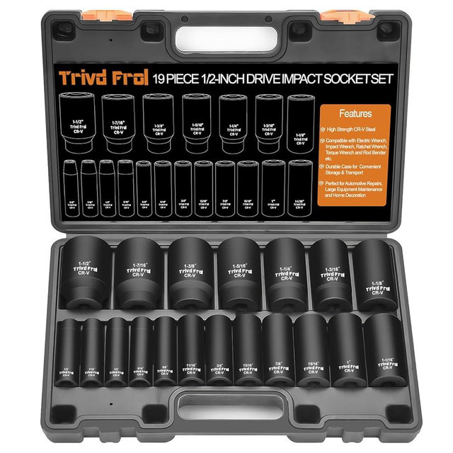 SAE Impact Socket Set - 1/2" Drive, 19pc Deep Socket Set 3/8" to 1-1/2", Cr-V Steel, Double Lock Case