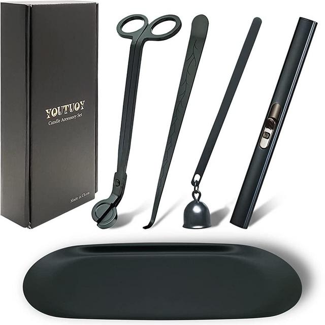 YOUTUOY 5 in1 Candle Accessory Set with Storage Tray Plate, Rechargeable Candle Lighter, Candle Wick Trimmer, Candle Wick Snuffer, Candle Wick Dipper, The Perfect Toolset for Candle Lovers (Black)