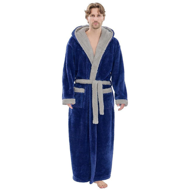 PJGGZ Mens Plush Robes Full Length, Big and Tall Fleece Hooded Bathrobe Warm Fluffy Cozy Winter Housecoat Floor Length