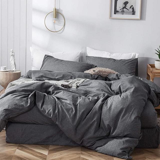 MooMee Bedding Duvet Cover Set 100% Washed Cotton Linen Like Textured Breathable Durable Soft Comfy (Dark Grey, Oversized King)