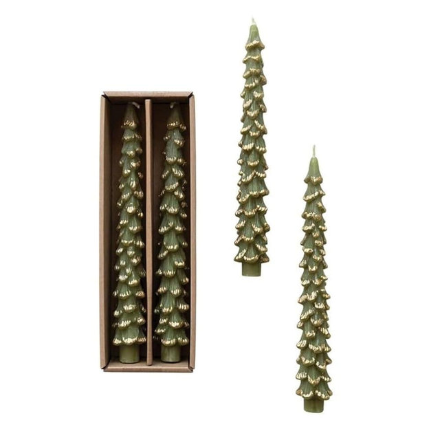 Creative Co-Op Golden-Tipped Elegance Tree Shaped Taper Candles, Evergreen, Set of 2