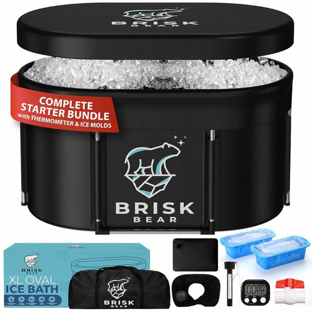 XL Oval Ice Bath Tub for Athletes with Cover by Brisk Bear - Extra Large Cold Plunge Tub for Recovery - Ice Tub with Digital Timer, Thermometer & Reusable Ice Molds - Cold Plunge to Soothe Muscles