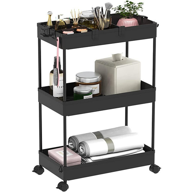 SAKA Slim Storage Cart,3 Tier Bathroom Rolling Utility Cart Storage Organizer Slide Out Cart, Mobile Shelving Unit Organizer Trolley for Office Bathroom Kitchen Laundry Room Narrow Places, Black