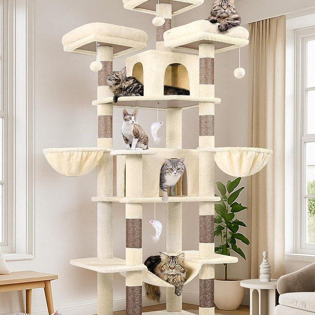 Globlazer Big Cat Tower for Indoor Cats, 80inch Cat Tower for Multiple Adult Cats XXL Cat Tree with Scratching Post, Hammock, 3 Perches, 2 Condos, 2 Hanging Basket, F80, Beige