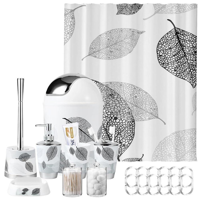 Grey Bathroom Accessories Set with Grey Leaves Shower Curtain,9 Piece Bathroom Sets with Toothbrush Holder,Toothbrush Cup,Lotion Soap Dispenser,Soap Dish,Toilet Brush,Trash Can,Qtip Holder