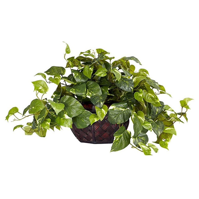 Nearly Natural 6681 15in. Pothos with Decorative Vase Silk Plant,Green,17.5" x 10.125" x 10.125"