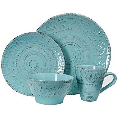 Elama Malibu Waves Embossed Stoneware Ocean Dinnerware Dish Set, 16 Piece, Turquoise