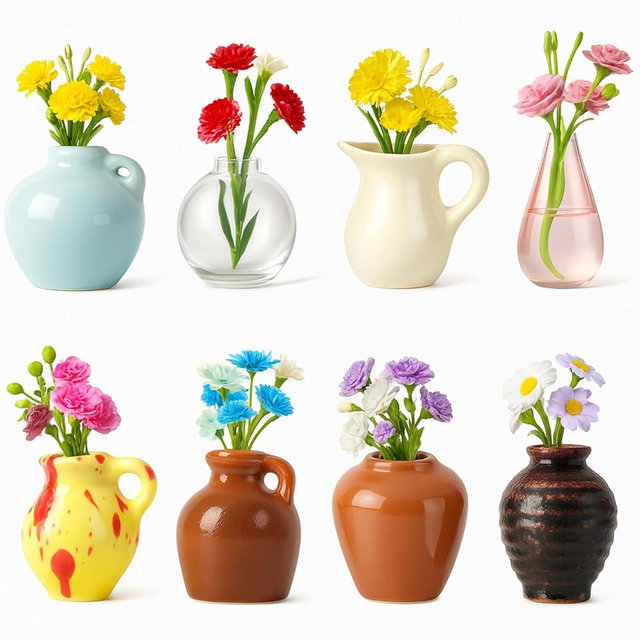 Mini Ceramic Vase Magnets for Fridge – 8 Set Handmade Tiny Flower Pots for Aesthetic Home Décor, for Women, Mom, or Teacher, Boho Pottery Decoration, Small Art Accent for Kitchen or Office