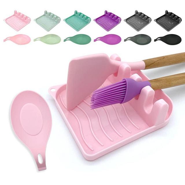 LSVGOE 2 Pack Multiple Utensil Spoon Rest with Drip Pad Non-Slip Heat Resistant Kitchen and Grill Spoon Holder for Spatula, Ladle, Tongs, Kitchen Gadgets, and Cooking Accessories (Cute Pink)