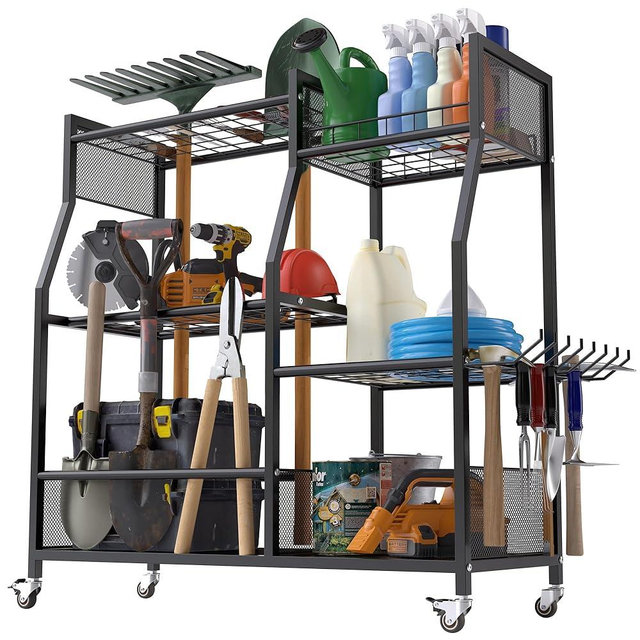 HOTEAGLE Garden Tool Organizer for Garage with 35.4” Width(High Stability), Outdoor Metal Utility Rolling Carts with Mute Wheels & 18.5mm Thick Rods, Easy to Clean, Black