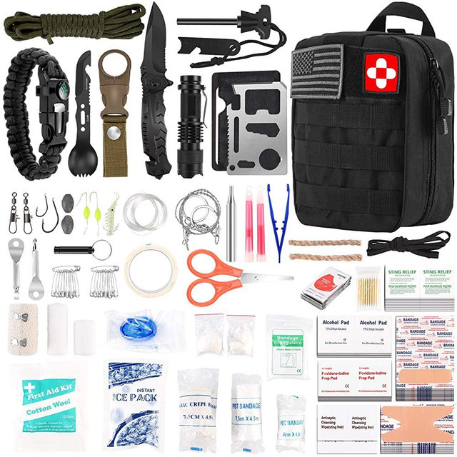 216 Pcs Survival First Aid kit, Professional Survival Gear Equipment Tools First Aid Supplies for SOS Emergency Tactical Hiking Hunting Disaster Camping Adventures(Black)