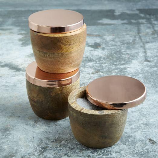 Wood + Copper Salt Cellar, Copper Lid + Mango Wood, 2.75" x3.5"