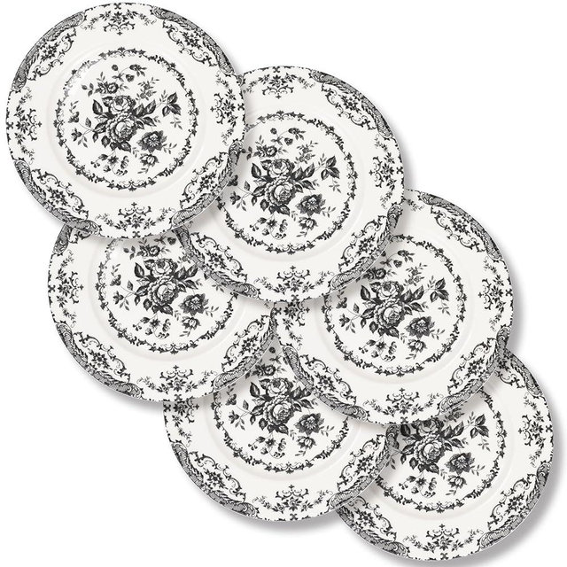 HomeElves Salad Plates, 8.5 Inch Ceramic Plates Set of 6, Kitchen Plates Microwave Safe Plates, White Porcelain Plates Dessert Plates Porcelain Serving Dishes, Black