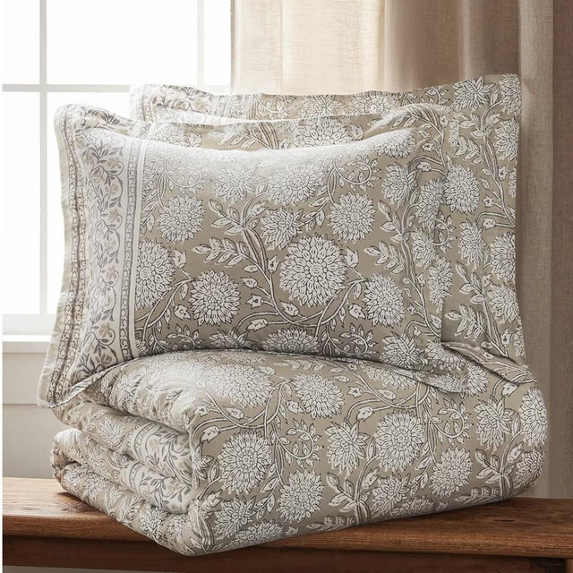 Levtex Home Adare Taupe Reversible King/Cal King Comforter Set (106x94in) with 2 Pillowcases (36x20in) - Floral Bedding - Taupe White - 100% Cotton King Size Comforter Set - Soft, Pre-Washed