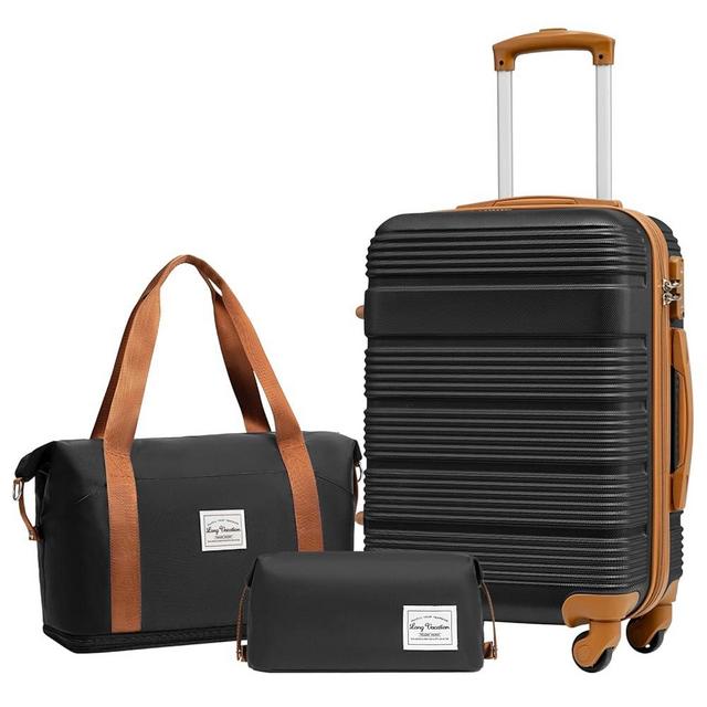 LONG VACATION Luggage Set 20 IN Carry on Suitcase ABS Handshell Luggage 3 Piece Set with TSA Lock Spinner Wheels (3 piece set (DB), BLACK-BROWN)