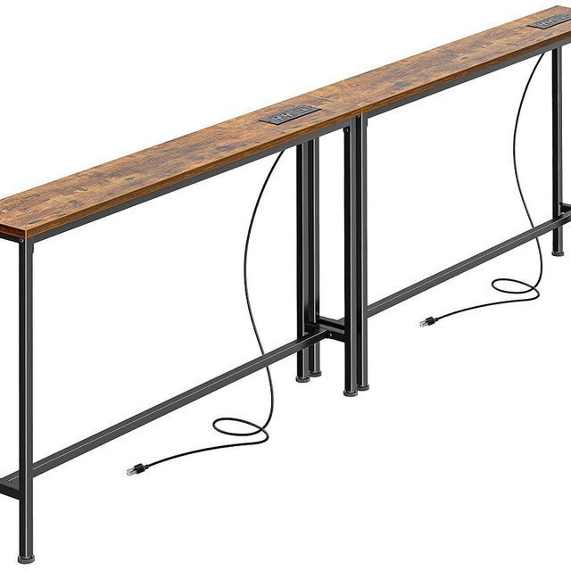 SUPERJARE 5.9 Inch Narrow Console Table with Outlet, Sofa Table Set of 2, Total Length 78'', Behind Couch Table, Long Entryway Tables with Charging Station, for Living Room, Rusitc Brown