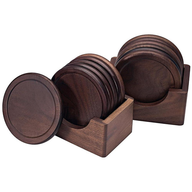 Mu&Ti Two Sets 100% Natural Wood Coaster, Coffee Beer Coaster, Walnut Dark Wood Wonderful Decor for Dining Tables and Office Tables, Holder Included (Black Walnut Two Sets)