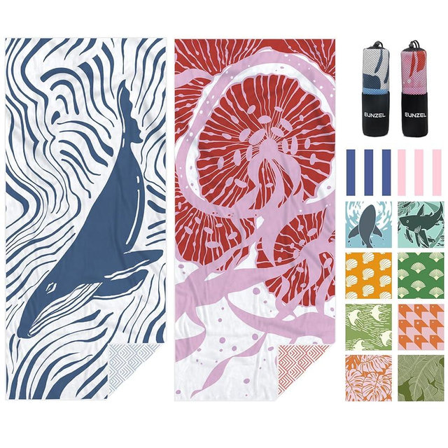 Eunzel 2 Pack Microfiber Beach Towel, Quick Dry Travel Towel Large Sand Free Towel for Beach, Camping, Swim Pool, Gym, Sports& Yoga 71"x32", Whale& Jellyfish