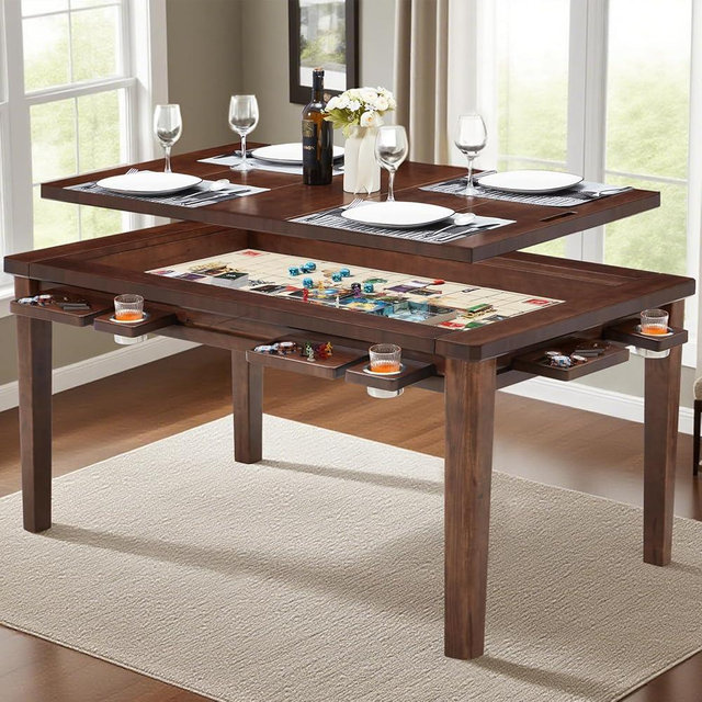Haddockway 63" ×39“ Board Game Table with Removable Table Top, Solid Wood Game Table for 4-6 Players, DND Table with Play Mat, 6 Detachable Cup Holders & 6 Hobby Trays (Warm Walnut)