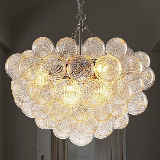 BeyPan Hand Blown Glass Bubble Ball Chandelier Nickel-Plated 24" Pendant Lights Art Deco Cluster Ribbed Glass Swirled Globe Lighting for Dining Room Table Bar Bedroom Bathroom Entryway