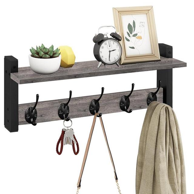 Homode Wall Hooks with Shelf, Coat Rack Wall Mount, Entryway Shelf with Hooks for Clothes Backpack Key Purse, Wall Floating Shelf Hanging in Bathroom Bedroom Hallway, Rustic Grey