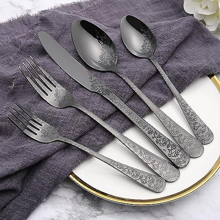 Black Silverware Set, MEGAGURU 20 Piece Stainless Steel Flatware Cutlery Set Service for 4, Kitchen Tableware Set, Utensil Set for Home Restaurant, Include Knife Fork Spoon Set, Dishwasher Safe