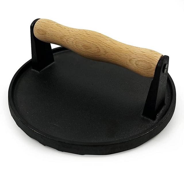 Cast Iron Grill Press, Safe-Touch Comfort-Grip Wood Handle,8 inch,Heavy-Duty Round Bacon Steak and Burger Press for Griddle, Outdoor Grill, Panini, Tortilla