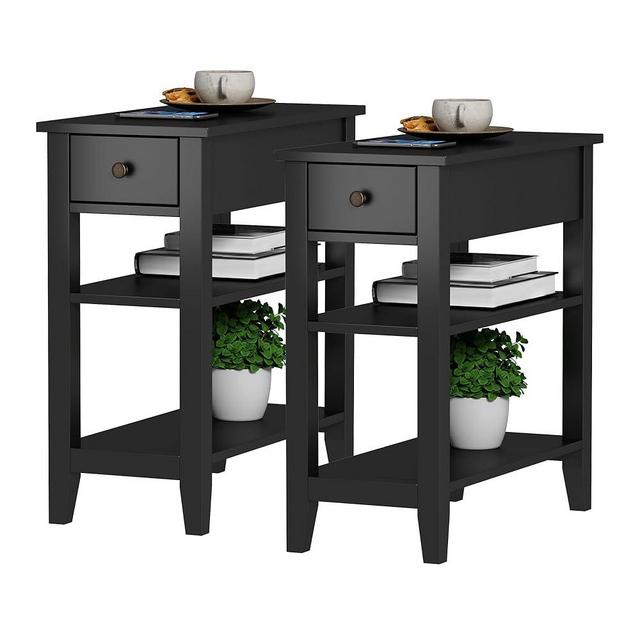 ChooChoo Side Table Living Room Set of 2, Narrow End Table with Drawer and Shelf, 3-Tier Sofa End Table for Small Space