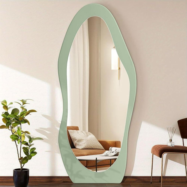 FEUFOAM Full Length Mirrors Large Irregular Wavy Mirror Wood Full Body Mirrors Standing Wall Mounted Mirror for Living Room Bathroom Bedroom Entryway Decor