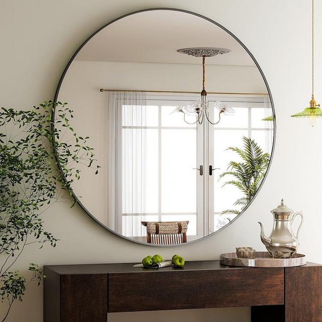 HARRITPURE 48 Inch Round Mirror, Black Circle Bathroom Mirror, Modern Aluminum Alloy Frame Large Vanity Wall Mirror for Living Room, Bedroom, Entryway