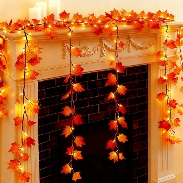 NMLIGHT Fall Garland with Lights 6.56Ft Maple Leaf Autumn Garland with Timer, 24 LED Orange Battery Indoor Decorations for Autumn Harvest Party
