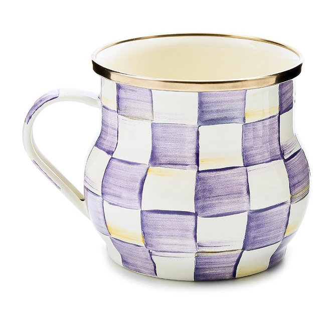 MACKENZIE-CHILDS Enamel Mug, Cute Enamelware Tea or Coffee Mug, 16 Ounces, Purple-and-White Violet Check