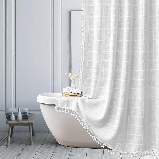 Farmhouse White Extra Long Shower Curtain - Boho Modern Linen Fabric Shower Curtains for Bathroom, XL Large Country Heavy Duty Thick Bathroom Curtain Set with Tassel - Bohemian Shower Curtain 72x84