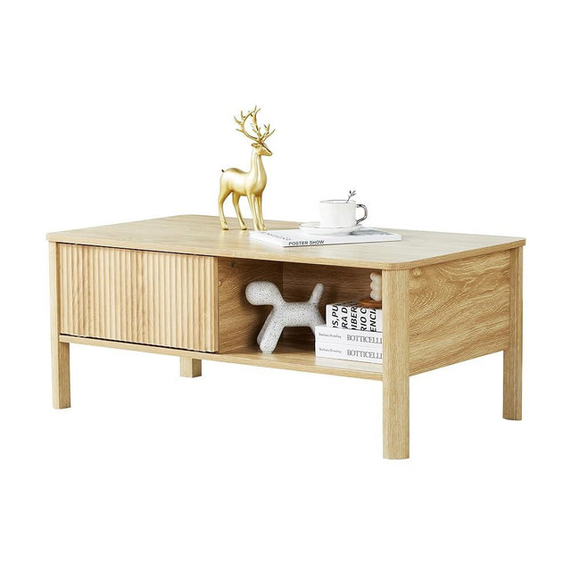 affeivul Rectangle Fluted Coffee Table with Storage and Sliding Drawers, Light Wood Coffee Table, Mid Century Modern Coffee Table Boho Style, Low for Living Room/Bedroom/Office (Natural)