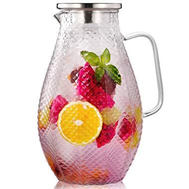Hiware 75 Ounces Glass Pitcher with 18/8 Stainless Steel Lid (Non-Rust) - Unique Squama Pattern - High Heat Resistance Water Pitcher for Hot/Cold Water & Iced Tea, 100% Lead-free and Drip-Free, Large