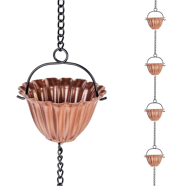 Qipade 9 Ft Rain Chain, Thick Metal Rain Gutter Chains with 12 Gold Flower Cups, Adjustable Rain Catcher Chain for Eaves Drainage, Replacement for Downspout, Outdoor Decor