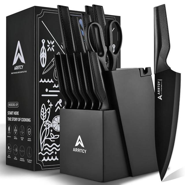 Arrtcy Knife Set - Kitchen Knife Set with Built-in Sharpener - knife block set dishwasher safe 15 piece - Anti-slip Handle - German Stainless Steel - Black,with Gift Box