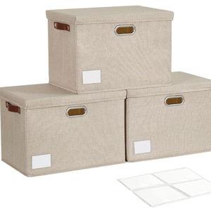17" Large Collapsible Storage Bins with Lids, Stackable Closet Organizers with PU Handle and Labels, 3-Pack Decorative Fabric Storage Boxes for Home, Bedroom, Closet, Office, Nursery(Khaki)