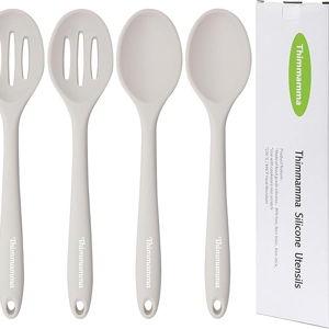 Slotted Solid Silicone Spoons Set for Cooking Dishwasher Safe, Heat Resistant White BPA Free Nonstick Kitchen Serving Spoon Mixing Spoons Basting Spoon Stirring