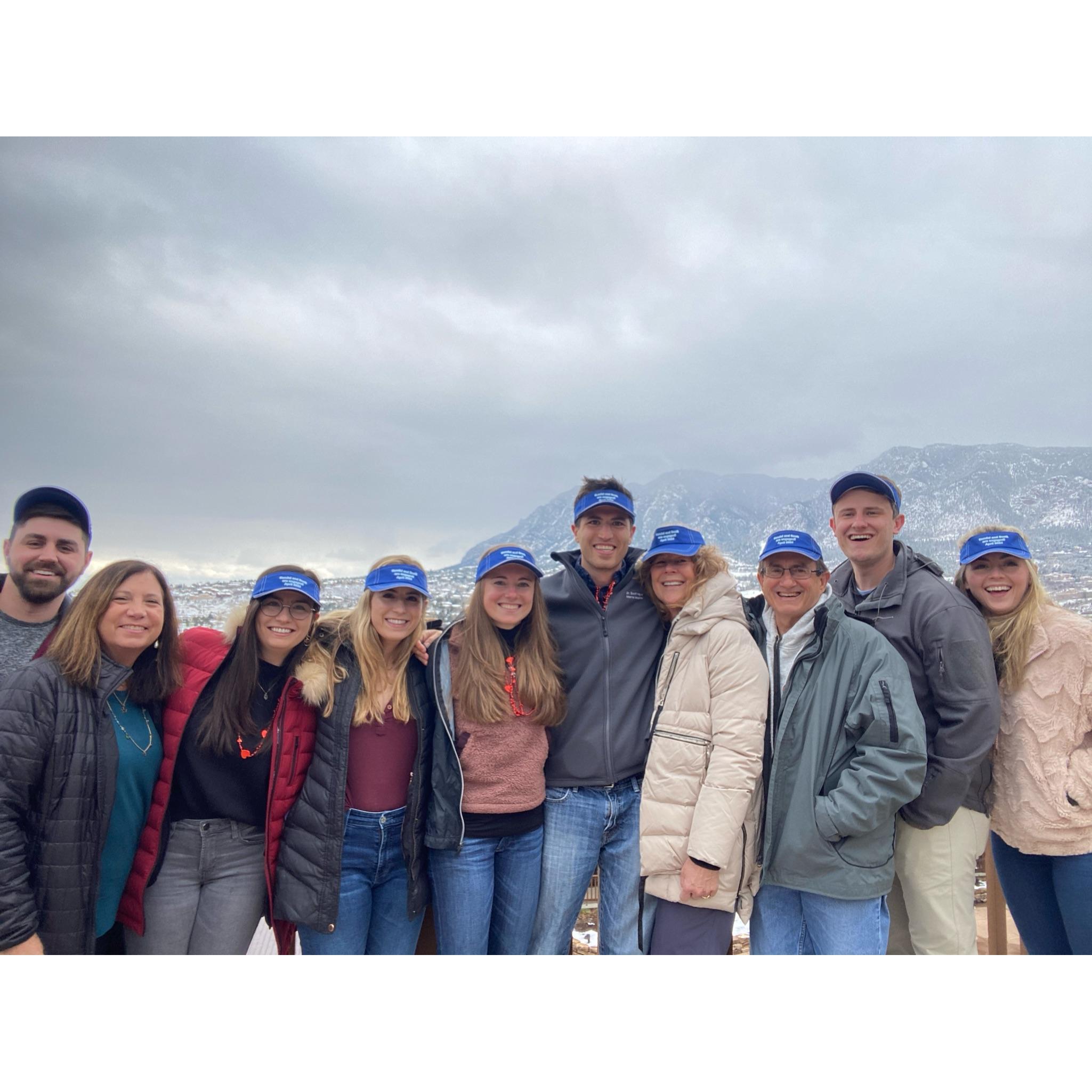 Our surprise engagement-moon crew! Sporting our visors for the nice 30 degree "beach vacation."