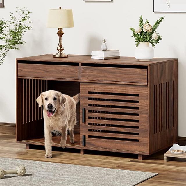 Lovinouse Dog Crate Furniture for Two Dogs, Heavy-Duty Wooden Dog Kennel with Double Slide Doors, End Table Dog House Crates for Indoor Use for Living Room