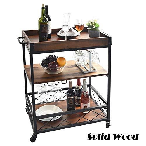 charaHOME Solid Wood Kitchen Serving Carts Rolling Bar Cart with 3 Tier Storage Shelves Kitchen Island Cart with Wine Glass Holder,Handle Racks,Lockable Caster Liquor Cart Removable Top Box Container
