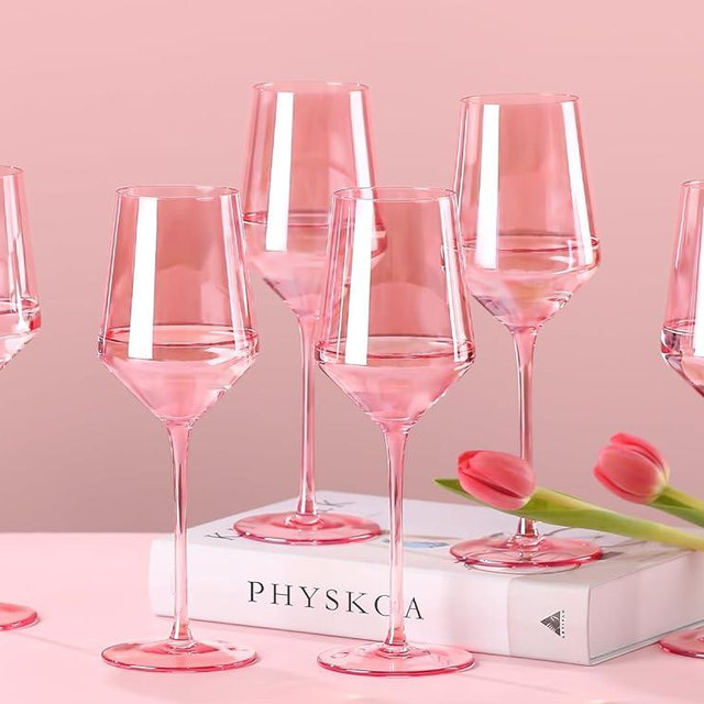 Pink Wine Glasses Set of 6-14 ounce Colored Wine Glasses,Tall Long Stem Wine Glasses,All Purpose Wine Glasses-Unique Gifts for Wine Lovers, Party Wine glasses，Perfect for Home Cabinet
