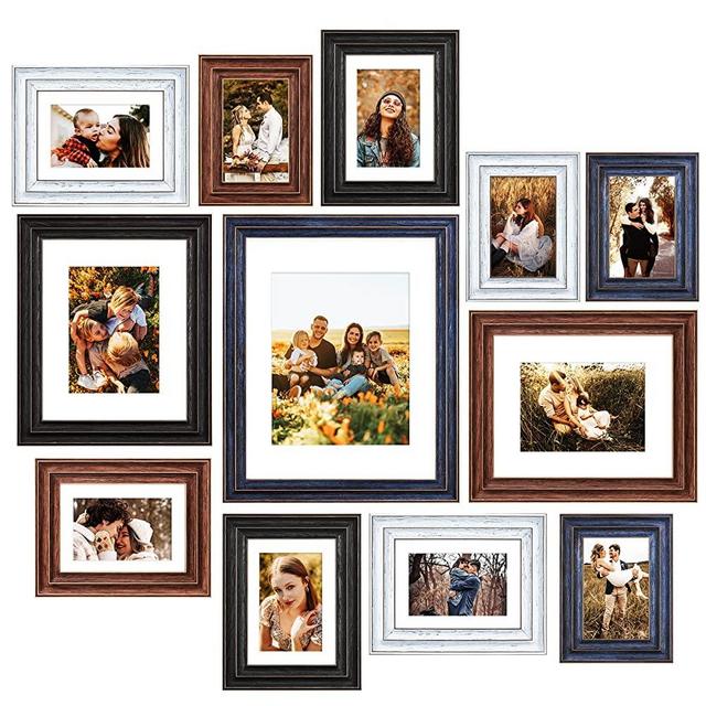 Anozie 12 Assorted Collage Picture Frames for wall with 11x14,8x10,5x7 and 4x6 inch Frame with Mat,High Definition Plexiglass,Picture Frames Set with Wood Grain Blue,Black,Natural,White