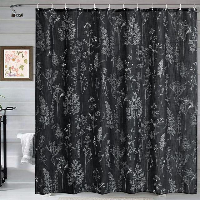 Estmy Vintage Botanical Linen Shower Curtain for Bathroom in Black and White, Heavy Duty 180GSM Textured Fabric Shower Curtain Set Cute Plant Leaves Design, Modern Farmhosue Boho Floral Bathroom Decor