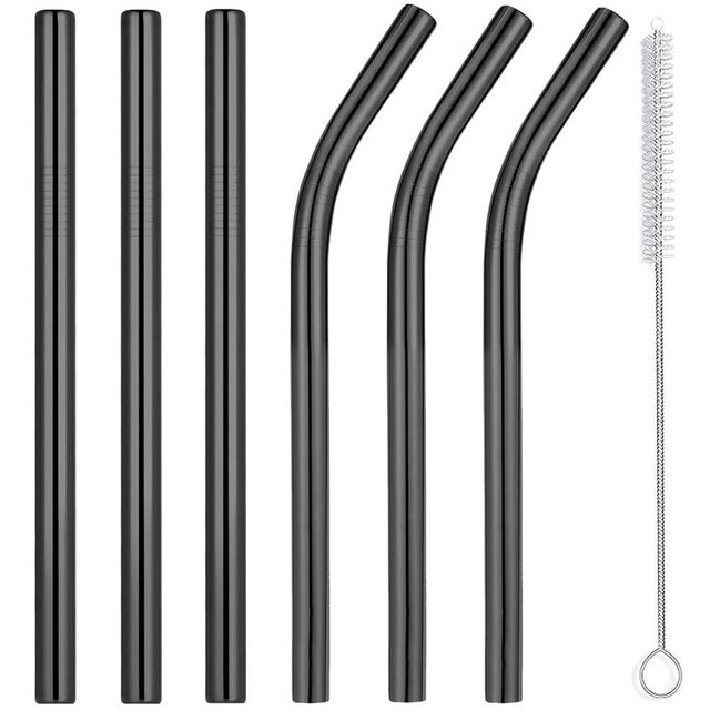 Vinaco Reusable Smoothie Straws & Milkshake Straws 0.4" Wide Mouth Straw, Set of 6 Stainless Steel Straws 8.5"&10.5" with 1 Long Straw Cleaner Brush，Black Metal Straws for Jumbo Thicker Drinks